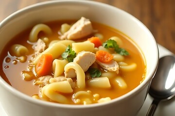 A bowl of chicken noodle soup sits ready to be eaten.