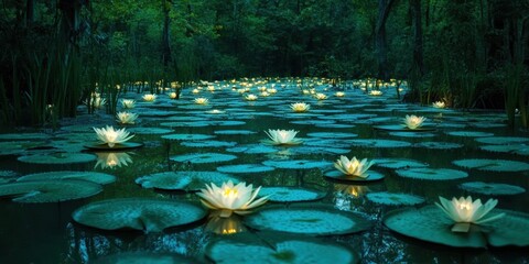 Floating lilies illuminate a serene pond amidst a lush forest at twilight