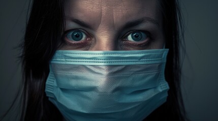 Fototapeta premium Concerned American Woman Wearing a Medical Mask Shows Fear and Anxiety During a Viral Pandemic Situation in Her Home Environment
