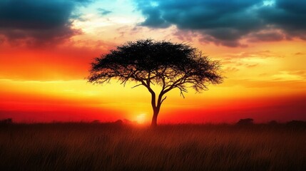 Obraz premium african sunset silhouette lonely tree on savannah