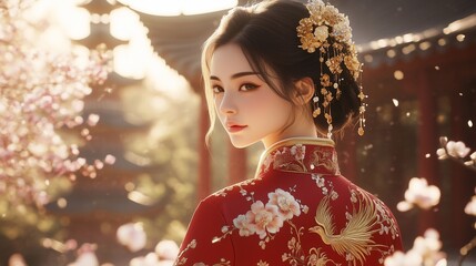 Hyperrealistic photograph of a graceful Chinese woman wearing a luxurious red and gold qipao, embroidered with intricate phoenix and peony patterns.