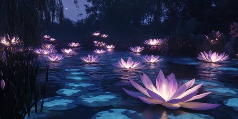 Glowing water lilies illuminate a calm pond under a starry night sky in a tranquil natural setting