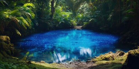 Tranquil blue lagoon surrounded by lush greenery in a tropical forest during daylight