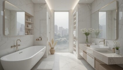Serene white bathroom interior. Features a modern tub, vanity with sink, and large window overlooking a city view, enhancing the light airy feel.