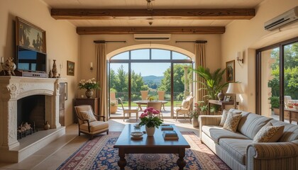 Fototapeta premium Living room featuring a fireplace, a blue patterned rug, large arched windows with outdoor seating, a couch, coffee table, and warm interior decor.