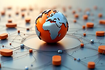 A globe surrounded by a network of connecting lines and circular nodes.