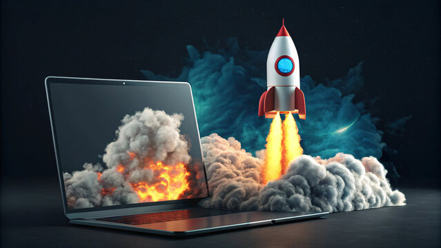 Rocket Launching from a Laptop – Futuristic Digital Innovation Concept