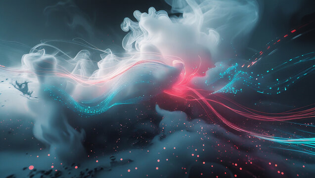 Ethereal Sci-Fi Ink Blot with Digital Glitch Effects, Floating Mist, and Neon Particle Streams on a Dark Background