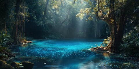 Lush tropical forest with vibrant blue water under soft sunlight in a serene natural setting