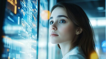 Young Woman Studying Futuristic Digital Interface Screen Data Technology Innovation Modern Business Professional Female Analyzing Information Bright  