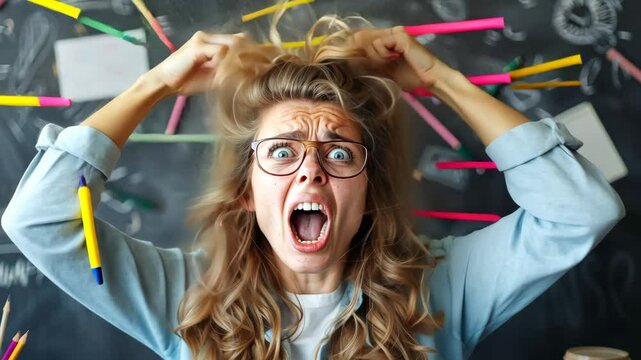 Frustrated Educator: A teacher is shown in a state of intense frustration, her wild expression and hands in her hair, surrounded by chaos.