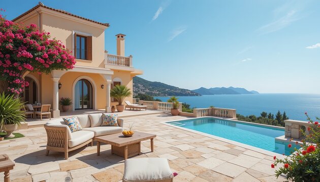 Seaside Villa: Luxurious outdoor living space with a pool and ocean view, perfect for relaxation and enjoying the beautiful scenery.