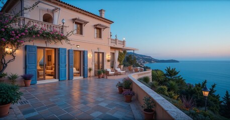 Fototapeta premium Elegant coastal villa with ocean views, featuring a spacious terrace, blue shutters, and lush greenery against a serene twilight sky.