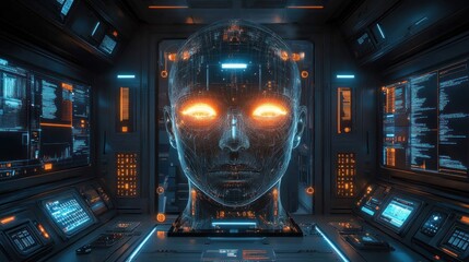 Glowing digital head monitoring data in futuristic dark cockpit interior background