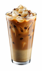 Cool Coffee Delight: A refreshing coffee beverage with creamy layers, ice cubes, and roasted coffee beans is in a tall glass, perfect for a hot day.