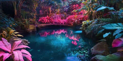 Lush tropical garden with colorful plants surrounding a serene pond at dusk