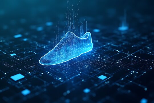 A luminous, futuristic shoe hovers above a circuit board with glowing details - Powered by Adobe