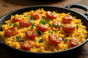 A skillet filled with yellow couscous, topped with grilled shrimp and parsley.