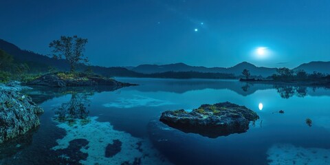 Nighttime tranquility by the lake under a luminous sky filled with stars and planets