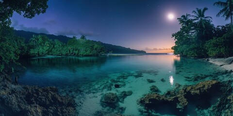 Tranquil beach cove at twilight under moonlight with clear water and lush vegetation in tropical paradise