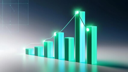 Glowing bar chart rising upward symbolizing SEO success, bars glowing in green and blue, dark-to-light gradient background with subtle digital gridlines  
