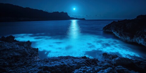 Nighttime view of bioluminescent ocean under a full moon with rocky shore in the foreground
