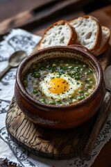 Fresh Pea Soup with Egg in Ceramic Bowl and Slices of Bread