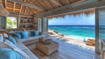 Obraz premium Living room facing turquoise sea, open to beach, rustic design, natural textures, tropical vacation vibe