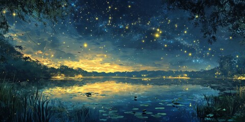 Night sky filled with stars above a serene lake at twilight with reflections on the water