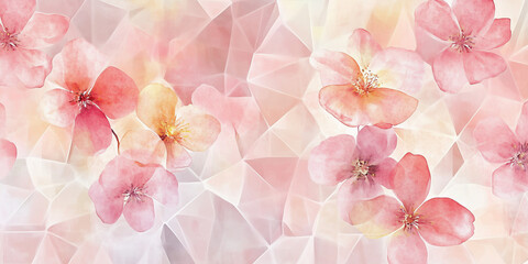 Watercolor floral pattern with geometric shapes, pink, peach and white elegant design.