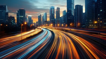 Fototapeta premium Cityscape at Dusk with Light Trails on Highway