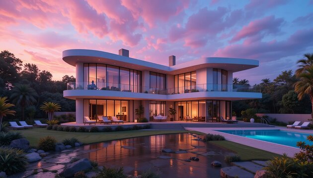 Modern architectural marvel bathed in twilight hues, where luxury meets serene landscapes and sleek design complements nature's beauty.