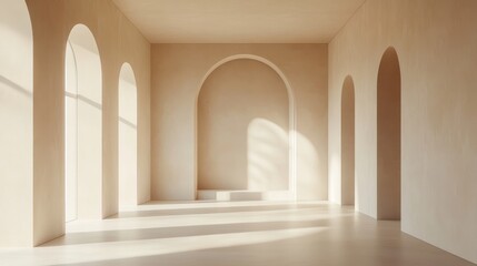 Minimalist beige interior with elegant arched windows, soft natural lighting, and a serene, modern aesthetic
