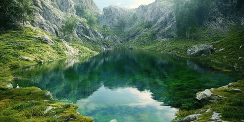 Serene mountain lake reflecting rocky cliffs under soft daylight in a lush natural environment
