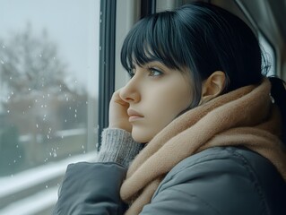 Thoughtful young woman looking out train window on rainy day