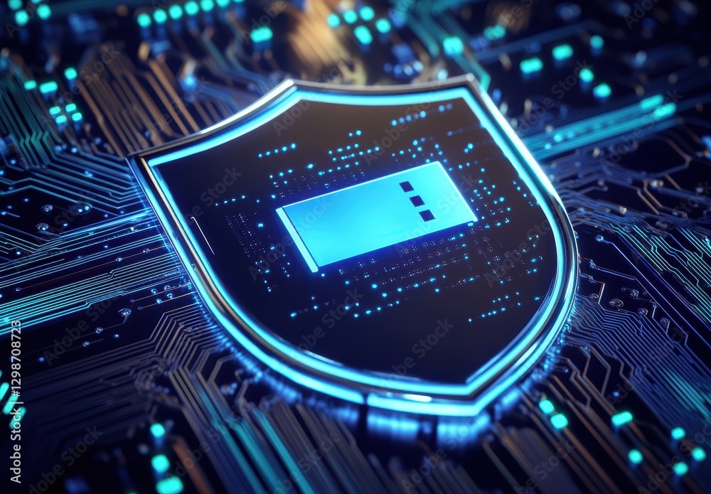 Poster digital security shield on a circuit board with glowing lines and nodes representing modern technolo