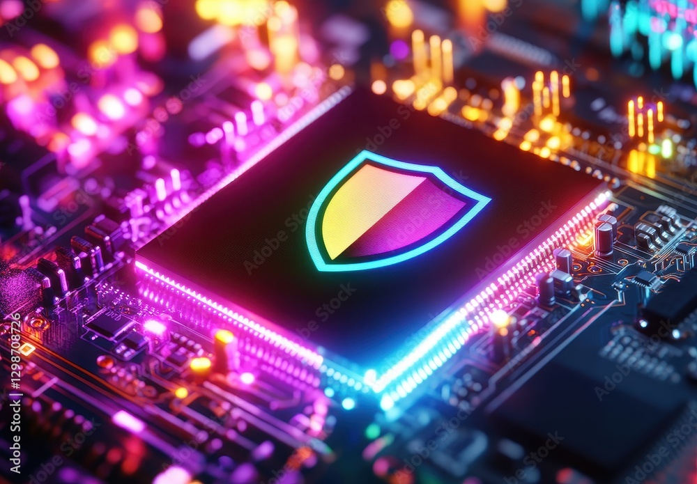 Poster digital security chip with colorful circuit board background for cybersecurity and technology themes