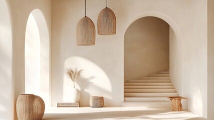 Minimalist Mediterranean-inspired foyer with arched alcoves, neutral decor, and rattan pendant lighting