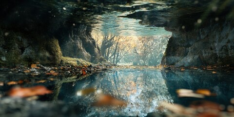 Captivating autumn reflection in a serene forest stream surrounded by lush foliage and sunlit trees