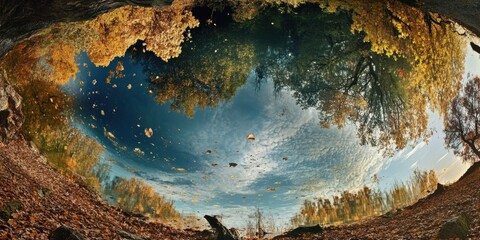 Reflection of autumn foliage on a serene lake creating a stunning visual panorama at sunset
