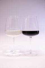 Pink and white glasses for tasting with friends. close view