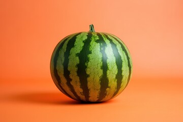 A whole watermelon with green stripes sits on orange background
