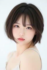 Naklejka premium Female Asian Model with Short Hair - Young Beautiful Woman with Bob Haircut - Studio Portrait of Asian Beauty for Fashion, Cosmetic, Skincare - Posing on White Background - Smooth Hair