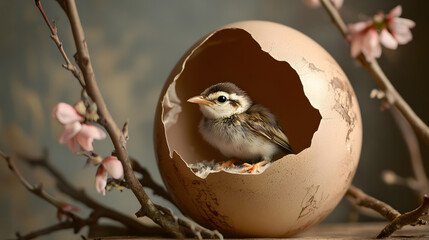 egg revealing a baby bird hatching, symbolizing the beginning of life 