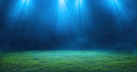 Fototapeta premium Dramatic Spotlight Over Lush Green Grass Field Under a Dark Blue Foggy Background with Soft Lighting Effects Creating a Mystical Atmosphere