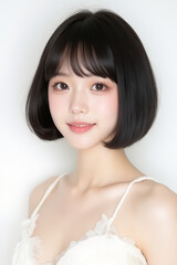 Female Asian Model with Short Hair - Young Beautiful Woman with Bob Haircut - Studio Portrait of Asian Beauty for Fashion, Cosmetic, Skincare - Posing on White Background - Smooth Hair