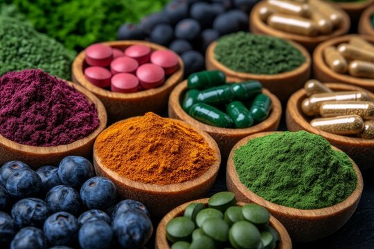 A vibrant and colorful array of nutraceutical ingredients. Generative AI