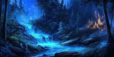 Enchanting blue waterfall cascading through a serene forest at twilight with sparkling stars above