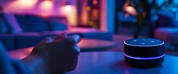 Woman uses smart home device in living room.  Evening ambiance