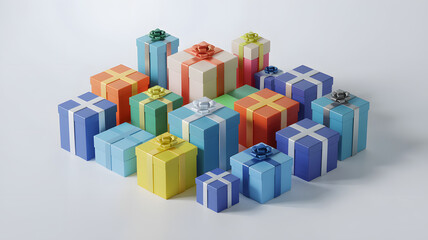 Obraz premium Vibrant Gift Boxes Arranged for Joyful Celebration. Assorted pastel and bright gift boxes with ribbons arranged in a festive group, symbolizing surprises, celebration, and special occasion cheer.